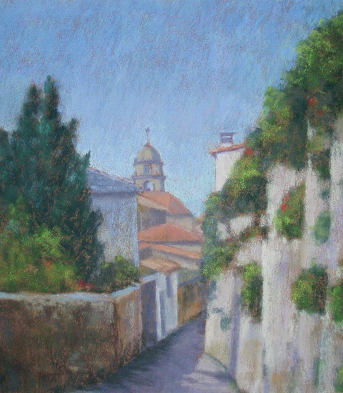 Lane with Church pastel by Doreen Seward
