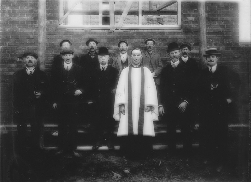 Photograph showing Allen Challacombe and others involved in the building of the Mission Hall