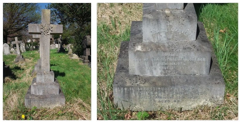 Photos of the gravestones of Atkinson Bachhoffner (left) and his wife Edith (right)