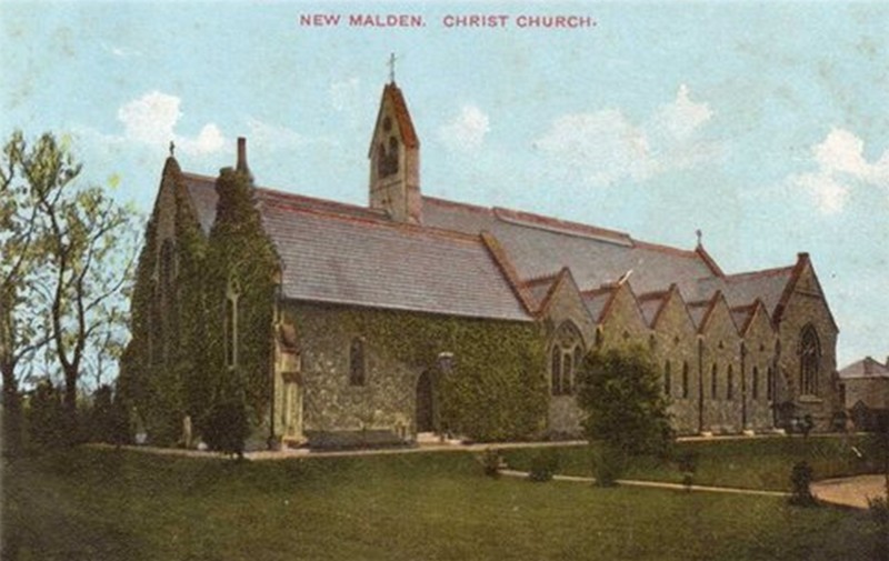 Postcard of Christ Church showing ivy covering the east wall and part of the north wall