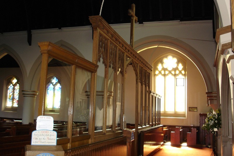 Photo taken in 2001 showing another view of the oak screen (with the fitted glass visible), looking to the south wall