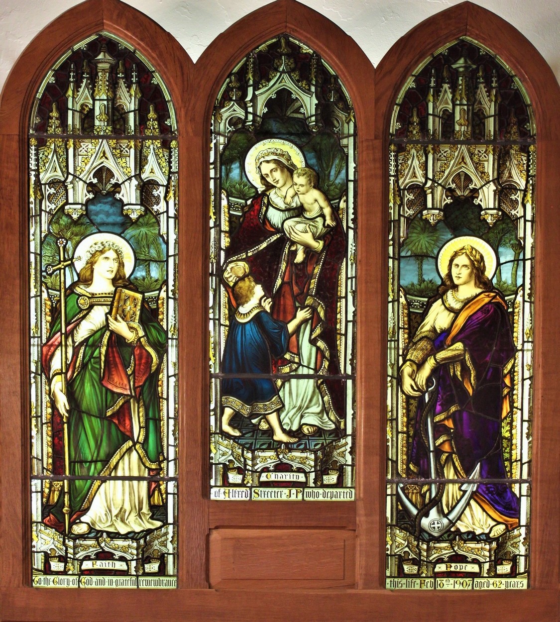 Photo of the stained glass window Faith, Hope and Love (or Charity)