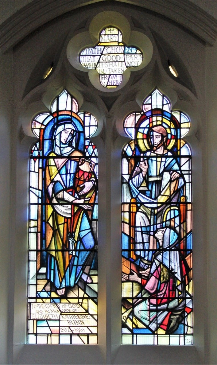 Stained glass window depicting Jesus, Mary and Martha - 'Mary hath chosen that good part which shall not be taken from her'