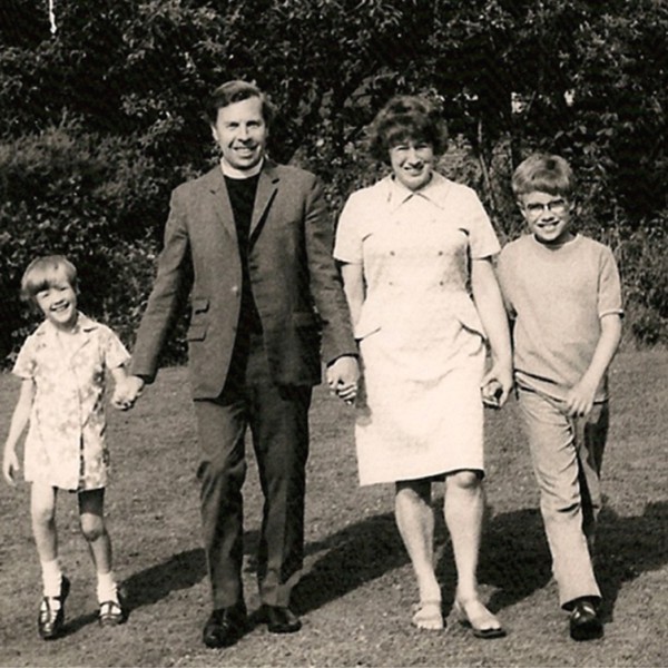 Peter and Catherine Coombs in the Vicarage Garden pictured walking towards the camera with their children Ian and Alison