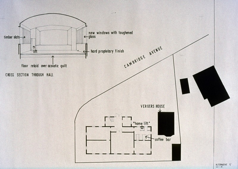 Continuation of the Scheme C plan featuring a cross-section of the new entrance and the refurbishment of the Parish Halls