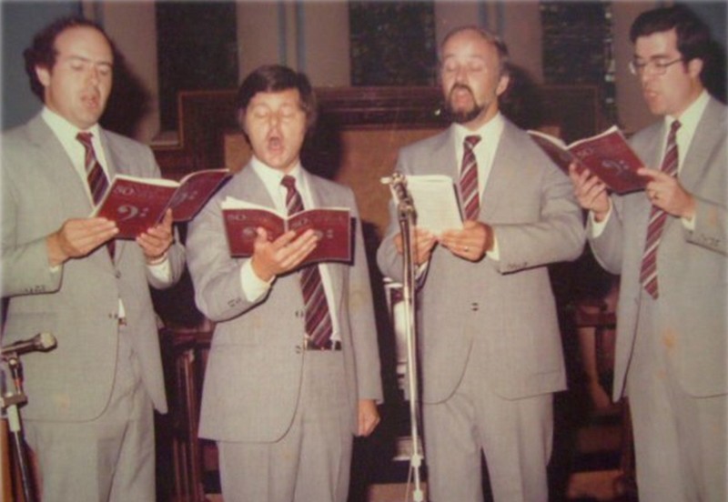 Photo of the 'Forefathers' - David Brown, Graham Mitchell, John Attfield and Richard Jones - singing