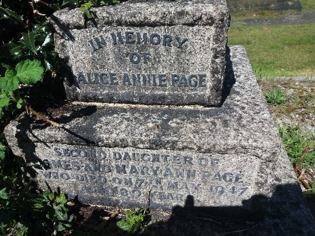 Gravestone of Annie Alice Page, second daughter of James and Mary Ann Page, who dies 7th May 1947