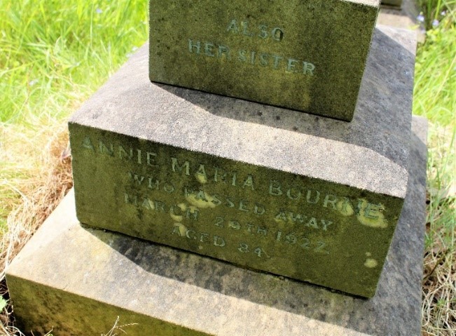 Photo of Annie Bourne's gravestone shared with her sister Emily Larkin: 'Annie Maria Bourne who passed away March 29th 1922 aged 84'