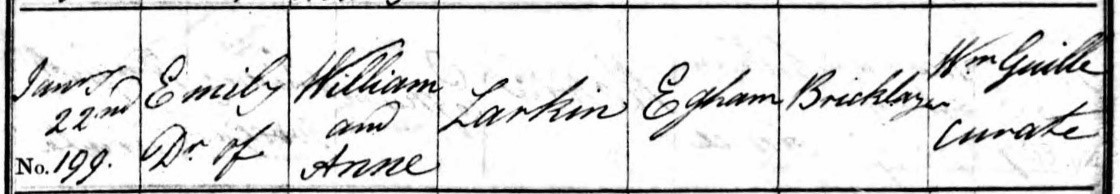 Extract from the 1861 census recording Emily daughter of William and Anne Larkin of Egham, occupation of father recorded as Bricklayer