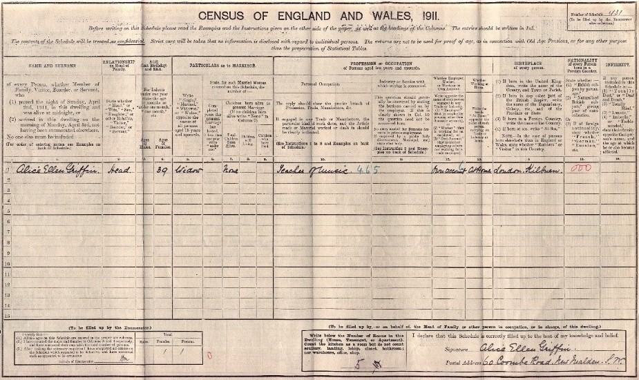 Photo of 1911 Census record showing Alice Ellen Griffin, widow aged 39