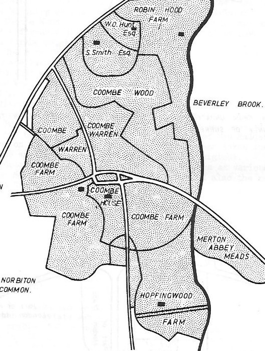 Map of Coombe Warren Estate showing Combe Farm occupying most of Coombe and New Malden 