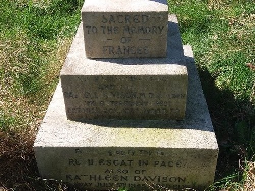Photo of the gravestone 'In sacred memory of Frances' Davison
