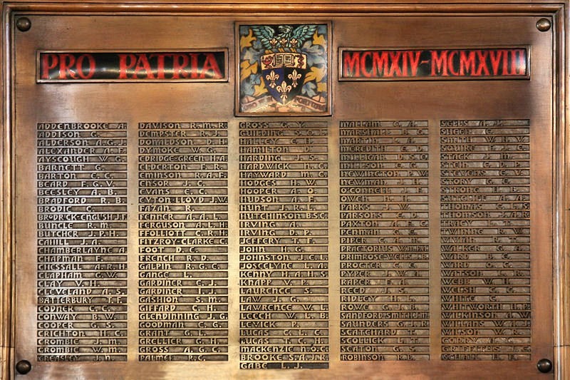 Photo of Epsom College War Memorial, at the top the college crest, to its left the words 'PRO PATRIA' and to its right 'MCMXIV-MCMXVIII' (1914-1918). Below are five columns of 29-30 names each, with 'Davison R.M.R.' at the top of the second of these.