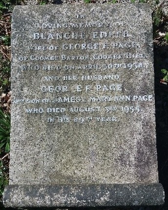 Gravestone of George Page, son of James and Mary Ann Page, and his wife Blanche; he died August 3rd 1955 in his 89th year