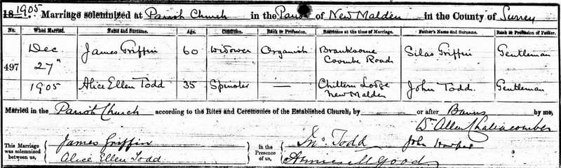 Marriage certificate of Griffin Todd, widower aged 60, to Alice Ellen Todd, spinster aged 35, dated 27th December 1905