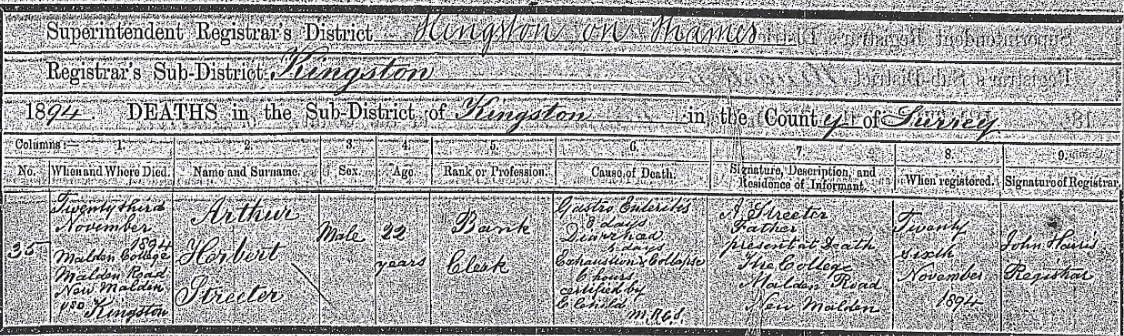 Copy of Herbert Streeter's death certificate showing his death occurred on 23 November 1894, aged 22, and registered on the 26th; his occupation is registered as Bank Clerk