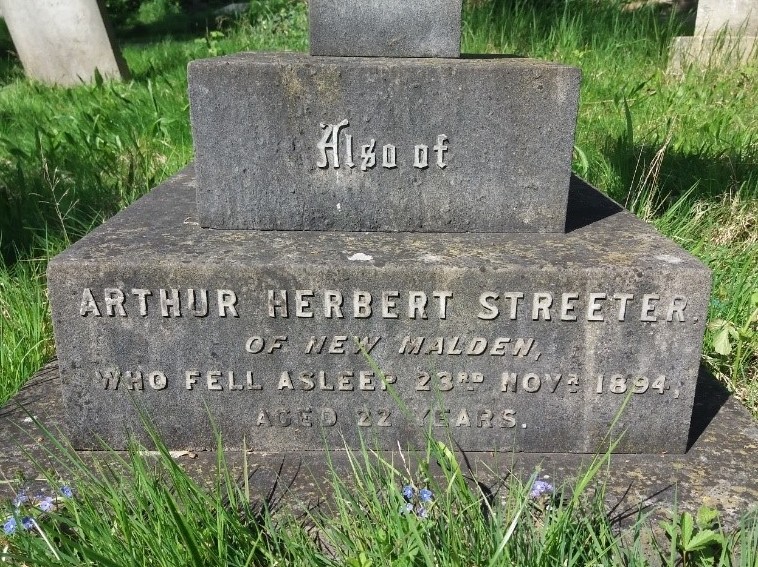 Herbert Streeter's gravestone reading 'Albert Herbert Streeter of New Malden who fell asleep 23rd November 1894 aged 22 years'
