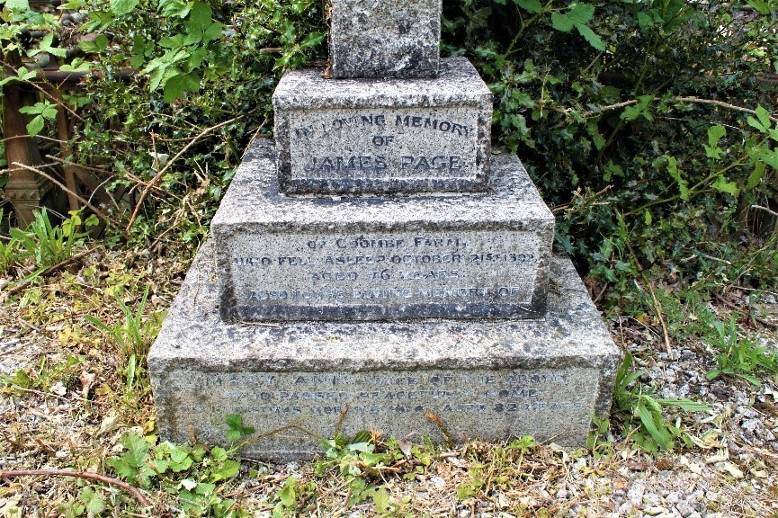 Gravestone of James Page: 'In loving memory of James Page of Coombe Farm who fell asleep 21st October 1892 aged 76 years'