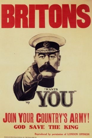 Iconic Kitchener "Wants You" Poster - Join Your Country's Army! God Save The King. (This work created by the United Kingdom Government is in the public domain.)