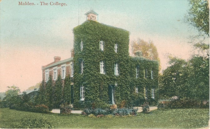 Colour postcard of Malden College showing most of the building covered in ivy