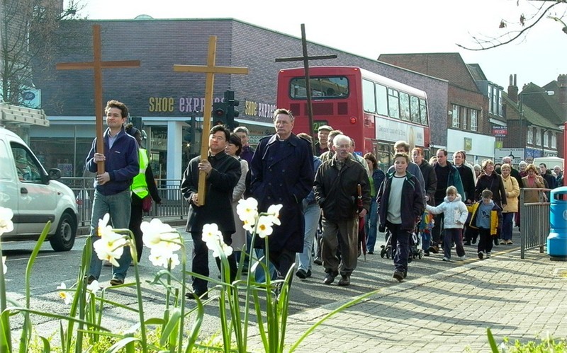Photo of the Good Friday 'March of Witness' up New Malden High Street led by Stewart Downey and Seok Hee Lee