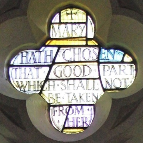 Close up of the top window of the Jesus, Mary and Martha window 'Mary hath chosen that good part which shall not be taken from her’ (Luke 10.42 KJV)