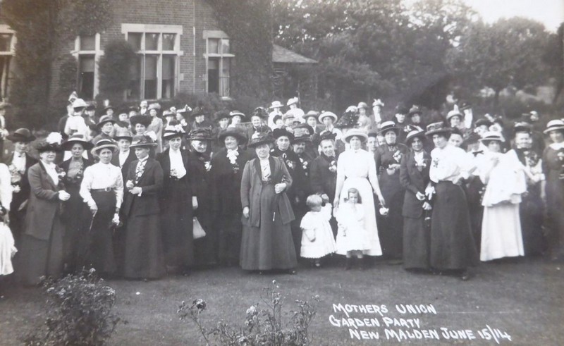 Photo of the Mother's Union Garden Party June 15th 1914 featuring a large group of ladies in Edwardian dress standing in front of the Vicarage