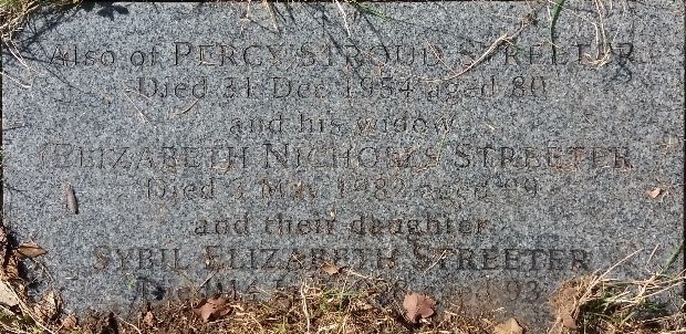 Inscription on the Streeter Burial Plot 'Percy Stroud Streeter Died 31 Dec 1954 aged 80' and also his widow Elizabeth Streeter (died in 1982 aged 99) and their daughter Sybil Elizabeth Streeter (last line obscured by leaves and grass)