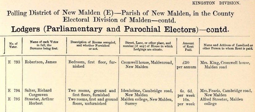 Copy of the electoral roll for New Malden Polling District showing Albert Herbert Streeter living at Malden College and paying rent of 10 shillings a week for two rooms, upper and ground floor