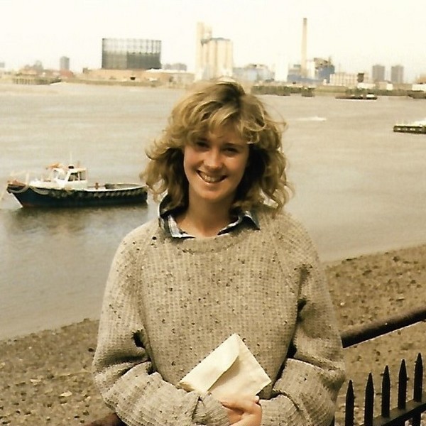 Photo of Susie Morris from the 1980s with the Thames as a backdrop