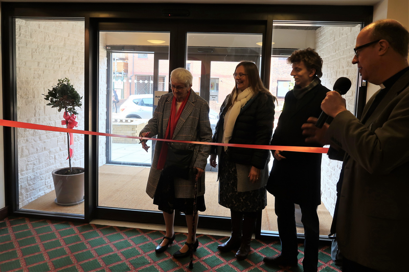 Sheila Short cuts the red tape to officially open the new entrance, Stephen Kuhrt to the side armed with microphone