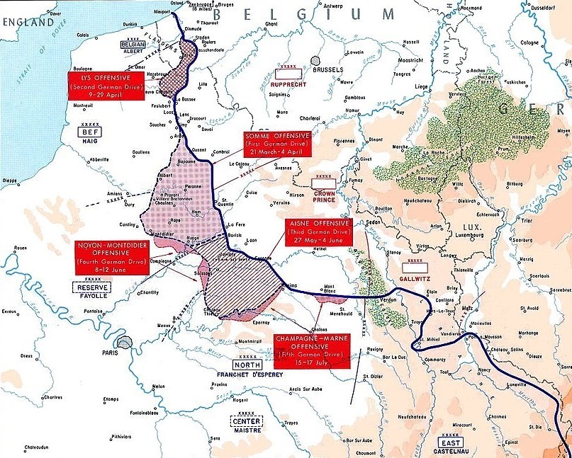 Public domain image showing a map of the Western Front illustrating German gains in early 1918, including the Somme Offensive (First German Drive) 21 March - 4 April